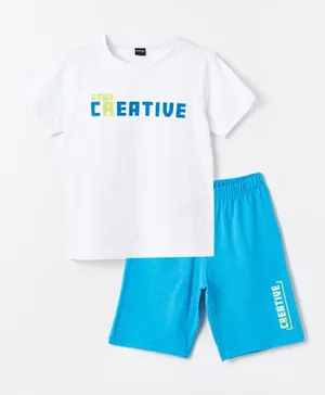 LC Waikiki Stay Creative Graphic Crew Neck T-shirt & Shorts Set - White & Blue
