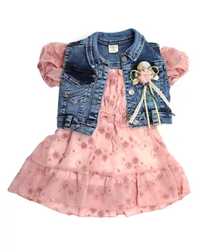 Donino Baby Floral Design with Jeans Jacket Dress - Pink