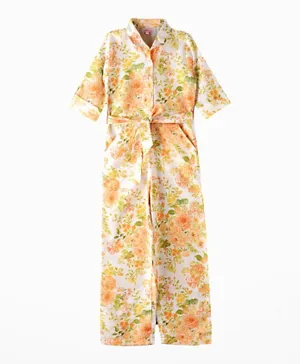 Jelliene Floral All Over Printed Tie Belt 3/4th Sleeves Jumpsuit - Multi Color