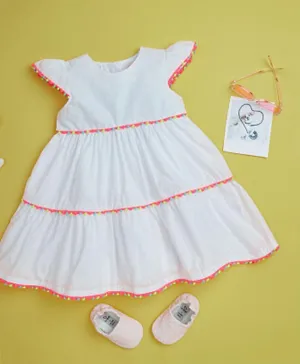 Smart Baby Pom Pom Lace Embroidered Dress - White