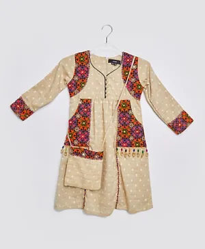 Amri Floral Embroidery Frock - Beige