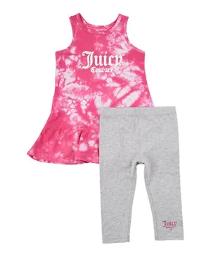 Juicy Couture Tie Dye Twist Back Dress & Graphic Leggings Set - Pink/Grey