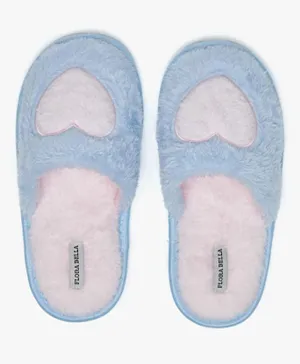 Flora Bella by ShoeExpress  Plush Textured Slip On Bedroom Mules with Heart Applique - Blue