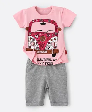 Babyqlo Beautiful Bus Printed T-Shirt & Shorts Set - Pink