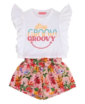 Original Marines Cotton Glitter Graphic Flutter Sleeves Top & All Over Printed Floral Shorts - Pink & White