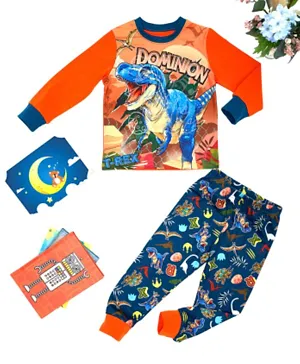 Babyqlo Cotton Stretch Dinosaur Glow-in-the-Dark Full Sleeves Graphic T-Shirt & All Over Printed Pyjama Set - Multicolor