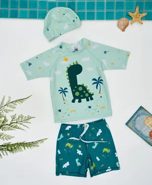 Babyqlo Quick Dry & UV Protection Dinosaur All Over Printed Half Sleeves Two Piece Swimsuit & Cap Set - Green