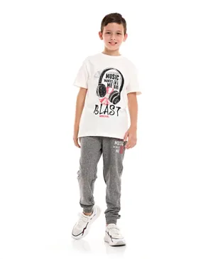 Victor and Jane Music Graphic Cotton T-Shirt & Joggers Set - Off White & Grey