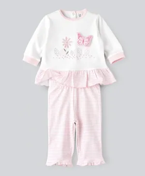 Tiny Hug Butterfly Patch & Floral Embroidery T-Shirt With Striped Pyjama Set - Multi Color