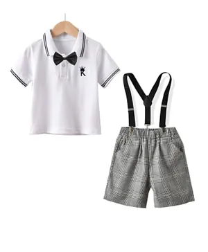 Babyqlo Collar Neck Tee And Shorts With Suspenders - White