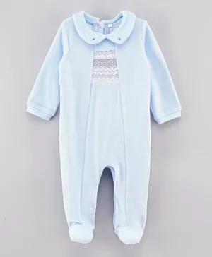 Rock a Bye Baby Smocked Velour Sleepsuit - Baby Blue