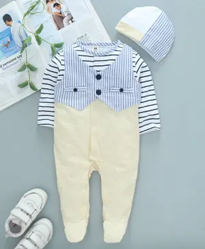 ToffyHouse Full Sleeves Cotton Footed striped Sleepsuit with Attached Waist Coat - Yellow