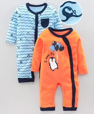 Babyoye Full Sleeves Rompers Penguin Print Pack of 2 - Orange Blue