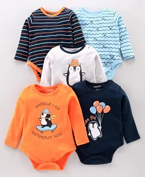 Babyoye Full Sleeves Bodysuit Penguin Print Pack of 5 - Blue Orange Grey