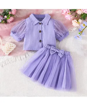 Babyqlo Cotton Blend Short Sleeves Solid Textured Top & Skirt/Co-ord Set - Purple