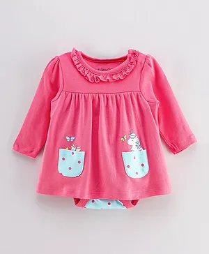 Babyoye Full Sleeves Frock Style Onesie Unicorn Print - Pink