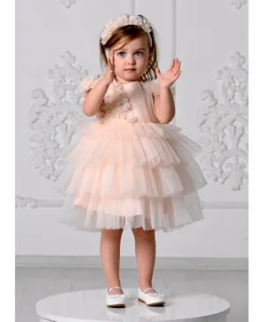Liba Fashion Elegant Esma Floral Fluffy Tulle Dress with Hairband - Peach