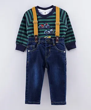 ToffyHouse Full Sleeves Striped Tee and Jeans Set with Suspenders Motorbike Patch - Green