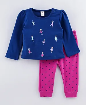 ToffyHouse Full Sleeves Tee & Lounge Pant Ballerina Print - Blue Pink