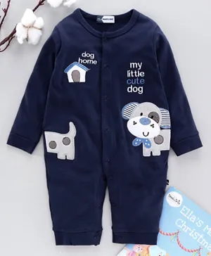 Mom's Love Full Sleeves Romper Puppy Embroidery - Navy Blue