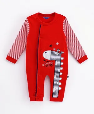 Mom's Love Full Sleeves Romper Giraffe Embroidery - Red