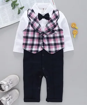 ToffyHouse Full Sleeves Romper with Attached Waist Coat and Bow - Pink White