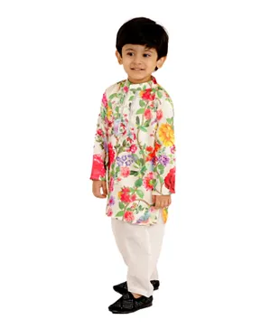 Little Bansi Full Sleeves Floral & Bird Print Kurta with Pearl Button & Pyjama - Cream