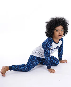 Pine Kids Full Sleeves Biowashed Night Suit Snooze Print - Indigo Blue