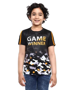 Pine Kids Half Sleeves Athleisure Dri-Fit T-Shirt Game Winner Print - Black