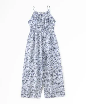 Jelliene All Over Floral Viscose Jumpsuit - White & Blue
