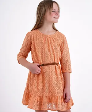 Pine Kids Knee Length Shiffli Dress With Belt - Peach