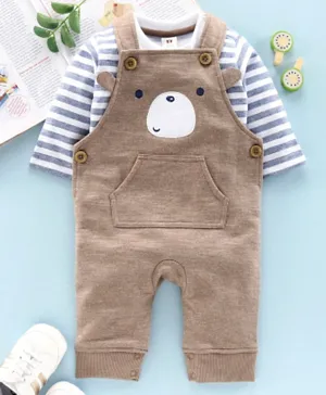 ToffyHouse Dungaree Style Romper With Full Sleeves Stripe Tee Bear Embroidery - Brown Blue