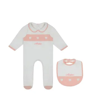 Little IA Organic Cotton Heart Embroidered Sleep Suit & Bib Set-White