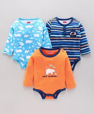 Babyhug 100% Cotton Full Sleeves Onesies Polar Bear Print Pack of 3 - Blue Orange