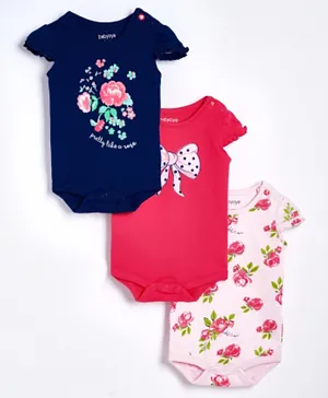 Babyoye Short Sleeves Onesie Floral & Bow Print Pack of 3 - Pink Blue
