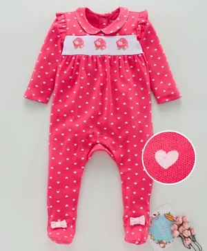 Babyoye Full Sleeves Footed Sleep Suit Heart Print - Dark Pink