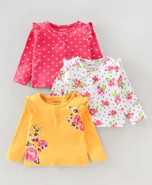 Babyoye Full Sleeves T-Shirt Floral Print Pack of 3  - Pink White Yellow