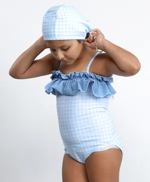 Kookie Kids Checks Print V Cut Swim Suit with Cap - Blue