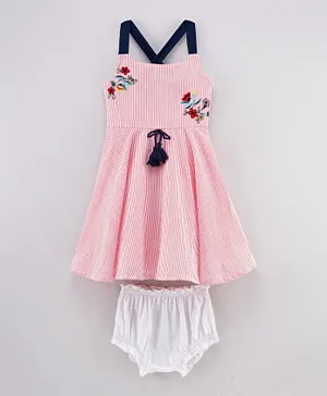 Babyoye Sleeveless Stripe Frock Floral Embroidery - Pink