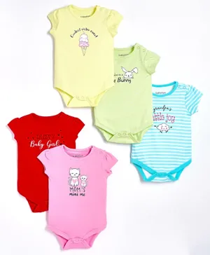 Babyoye Short Sleeves Multi Printed Cotton Onesies Pack of 5 - Multicolour