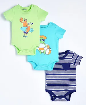 Babyoye Half Sleeves Multi Printed Cotton Onesies Pack of 3 - Blue Green