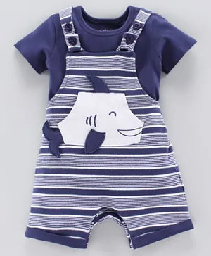 Babyoye Cotton Blend Dungaree Romper with Tee Shark Patch - Navy