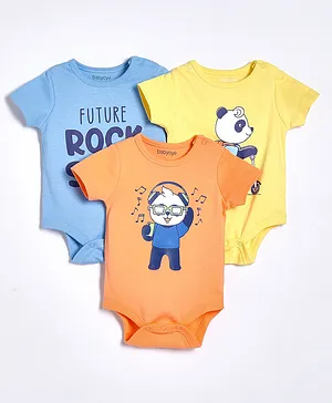 Babyoye Half Sleeves Onesies Animals Print Pack of 3 - Blue Orange Yellow