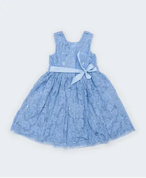 R&B Kids Floral Sequin Belted Dress - Blue