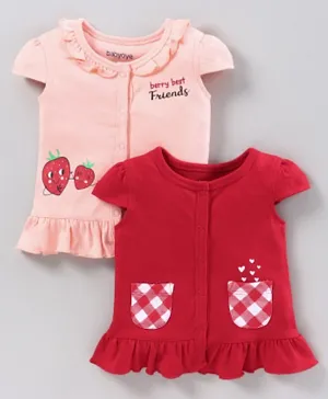 Babyoye Biowash 100% Cotton Cap Sleeves Jhablas Strawberry Print Pack of 2 - Red Peach