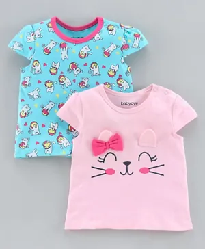 Babyoye Cap Sleeves Tee Kitty Print Pack of 2 - Pink Blue