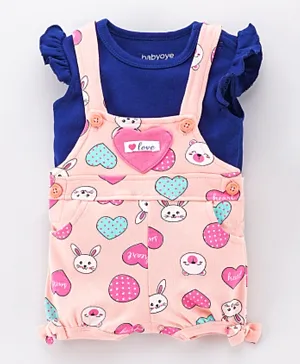 Babyoye Dungaree style Romper with Inner Tee Heart Print - Pink Navy Blue