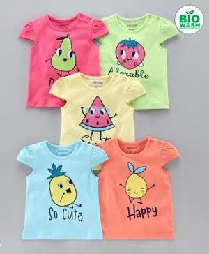 Babyoye Cap Sleeves Cotton T-Shirts Fruit Print Pack of 5 - Multicolour