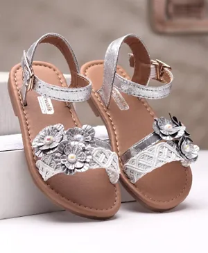 Cute Walk by Babyhug Party Wear Sandals Floral Appliques - Silver