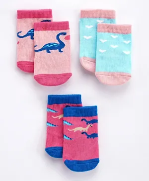 Cute Walk By Babyhug Ankle Length Socks Dino & Heart Design Set of 3 - Blue Pink